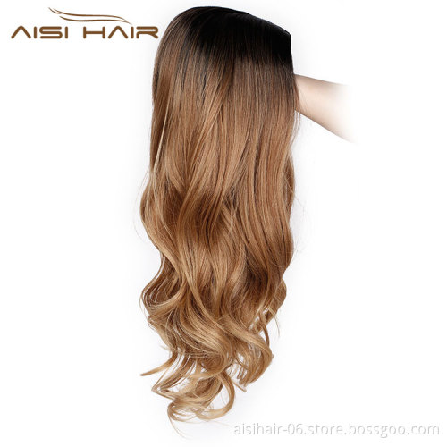 Aisi Hair Ombre Brown Synthetic Long Wavy Wigs Middle Part Dark Roots Body Wavy Wigs for Black Women